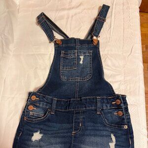 Justice Girls Denim Shortalls Overalls Jeans Shorts Distressed Dark Wash Size 10